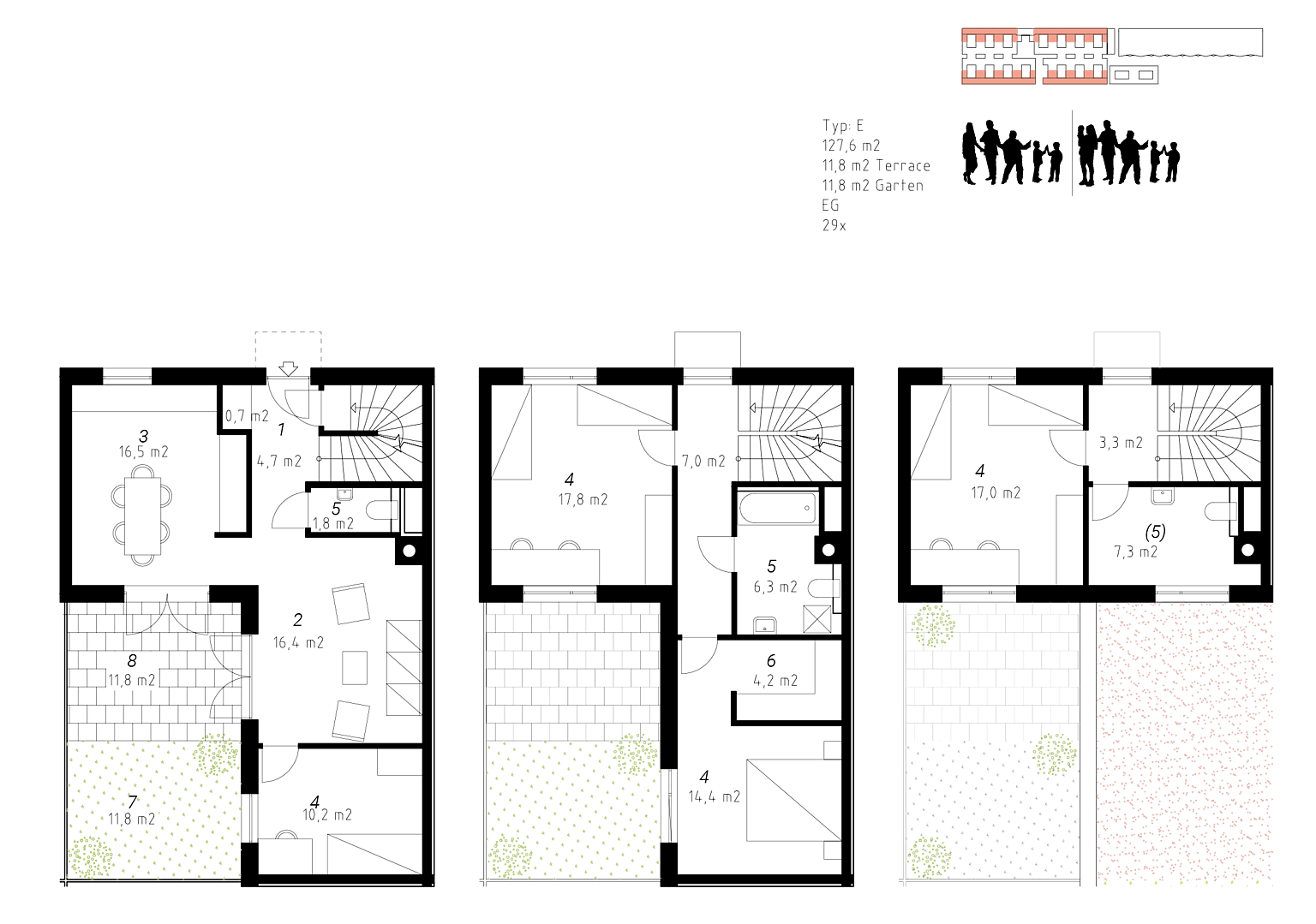 Boenhet type E, målestokk 1:150. 1. Inngang, 2. oppholdsrom, 3. kjøkken, 4. soverom, 5. bad/toalett, 6. oppbevaring, 7. hage, 8. terrasse.