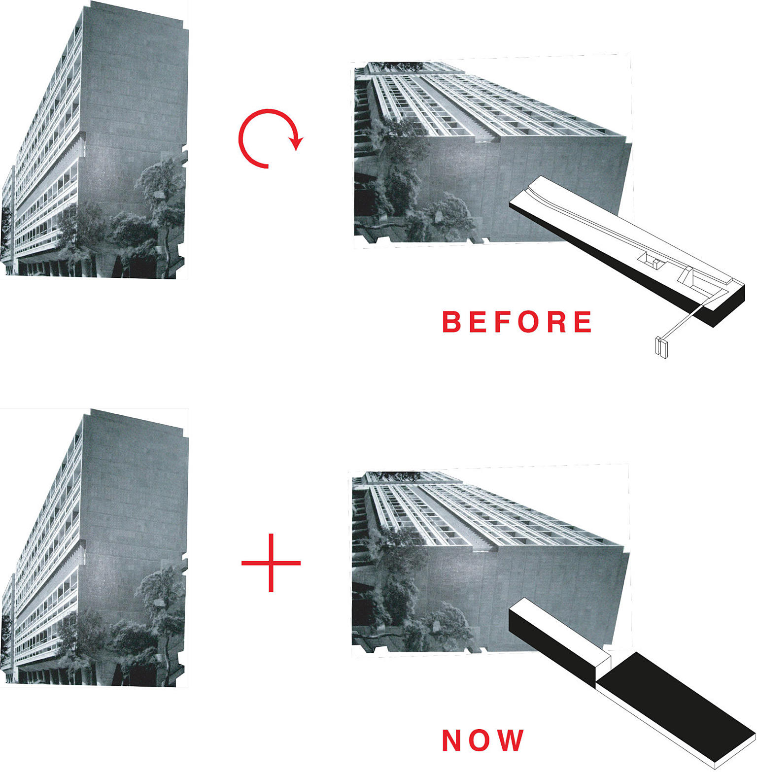 Prosjektet levde to liv: Det ene tradisjonelle som omhandlet selve prosjekteringen med all den dirty realism som hører til implementeringsprosessen, og det andre teoretiserende som gikk ut på å problematisere prosjektets ideologiske innhold. Man tilnærmet seg prosjektet både innenfra ut og utenfra inn, hvor hvert perspektiv hadde sin egen språklighet: fra enkle og tabloide formuleringer som omhandlet hverdagslig prosjekteringspragmatikk, til mer komplekse, til tider akademiske, narrativer som plasserte prosjektet innenfor bestemt arkitektur-urbanistisk fagkontekst. Diagrammet viser overgang i konseptuelt rammeverk fra konkurransen til det gjennomførte prosjektet. Hvis konkurranseforslaget bygget på en horisontal versjon av Unité-blokken, var det gjennomførte prosjektet en sammenstilling både av den «originale» og den horisontale versjonen, med alle de arkitektur-urbanistiske konnotasjonene som Unité-blokken bringer med seg. Diagrammet med lamellen og boligteppet, viste seg å være svært anvendelig og veiledende i alle de forskjellige bearbeidelsene prosjektet måtte gjennom.