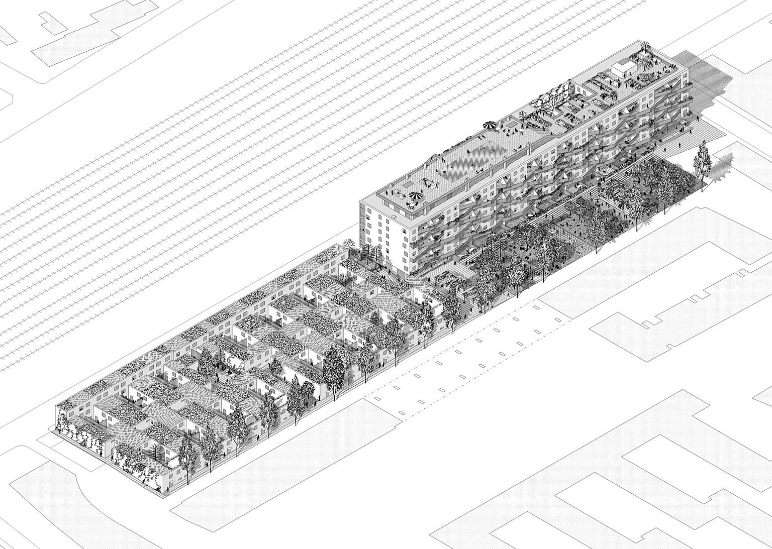 Fra Karl Marx Hof til Malahof. Prosjektet tok utgangspunkt i to arketypiske presedenser: et sammenhengende horisontalt boligteppe med atriumhus og en vertikal lamell med respektive volumdybder på 48 og 24 meter. Teppet skulle tilby en introvert måte å bo på kombinert med et tilstøtende system av nedskalerte fellesarealer. Lamellen var det motsatte, en bomaskin som maksimerte leilighetenes uklimatiserte sone – balkong eller loggia. I tillegg tilbød den et vertikalt åtte etasjer høyt fellesrom som kulminerte i taklandskap bestående av arealer for urbant jordbruk, 25-meters svømmebasseng, treningsrom med sauna, og en storslagen 360-graders utsikt over Wien. Aksonometrien viser tidlig 2013-versjon av prosjektet.