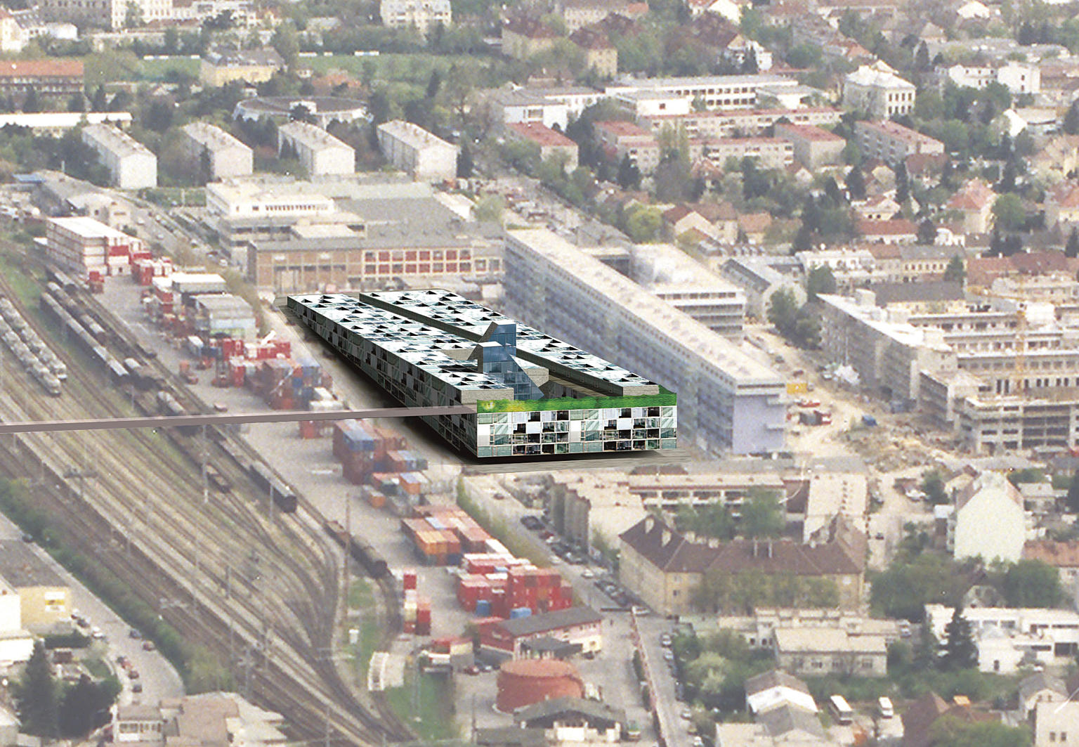 Konkurranseforslag sett fra lufta. Tilkomsten til gangbrua ble et struktureringselement. Den ble formet som en 250-meters lang stigende gate med atriumhusene på hver side, og var med å skape en ny topografi på tomten: et kontinuerlig boliglandskap som kulminerte i en takterrasse med utsikt over storbyen. (Konkurranseforslag, 2005, Mirza Mujezinovic, Sinisa Lecic, Bendik Aursand).