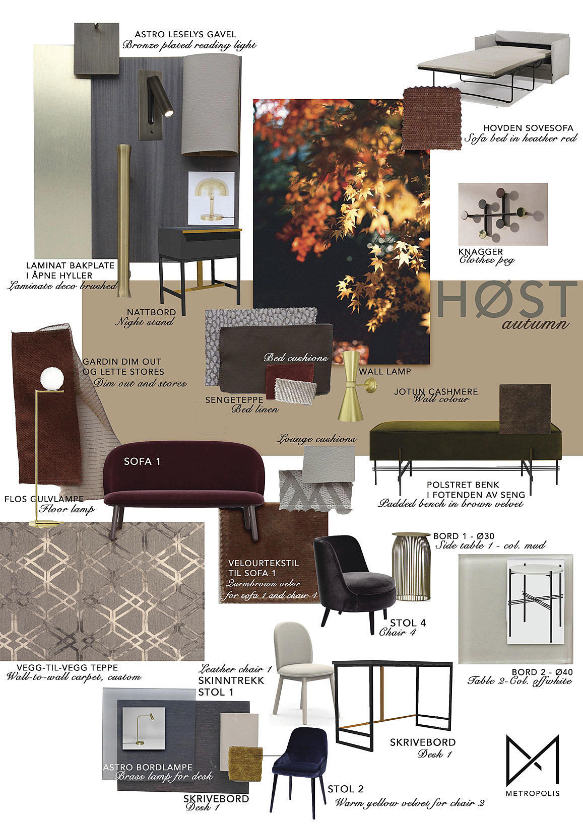 Metropolis har designet et konsept for interiøret basert på fire årstider og tegnet all fast og noe løs innredning. Bruken av sort stål og messing understreker den varme og dype fargepaletten.