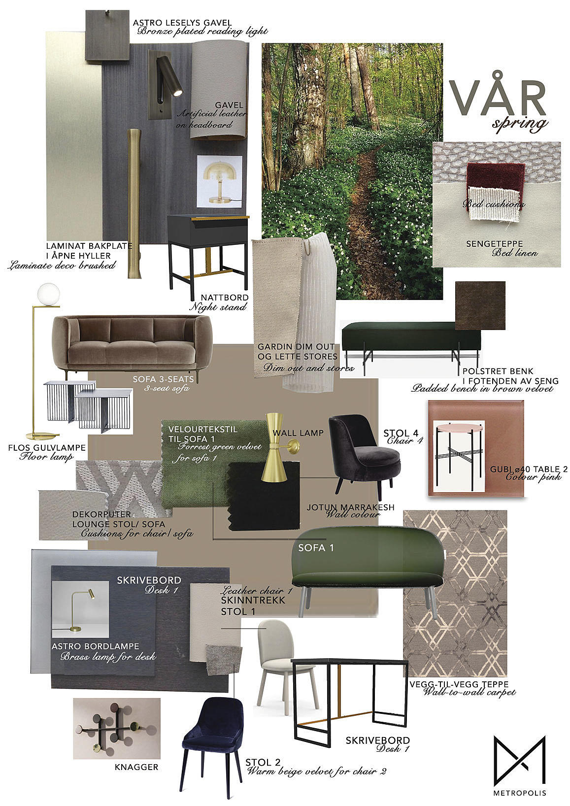 Metropolis har designet et konsept for interiøret basert på fire årstider og tegnet all fast og noe løs innredning. Bruken av sort stål og messing understreker den varme og dype fargepaletten.