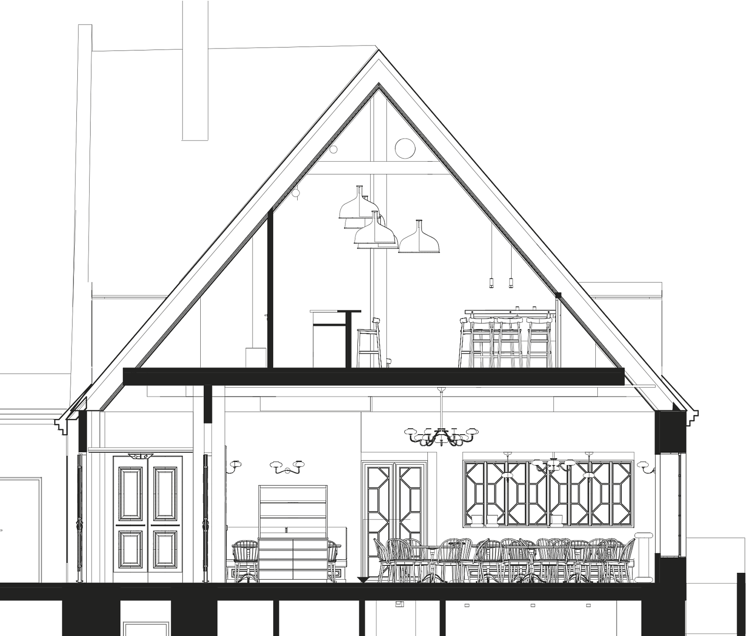 Snitt gjennom Storstua i 1. etg og baren i 2. etg.