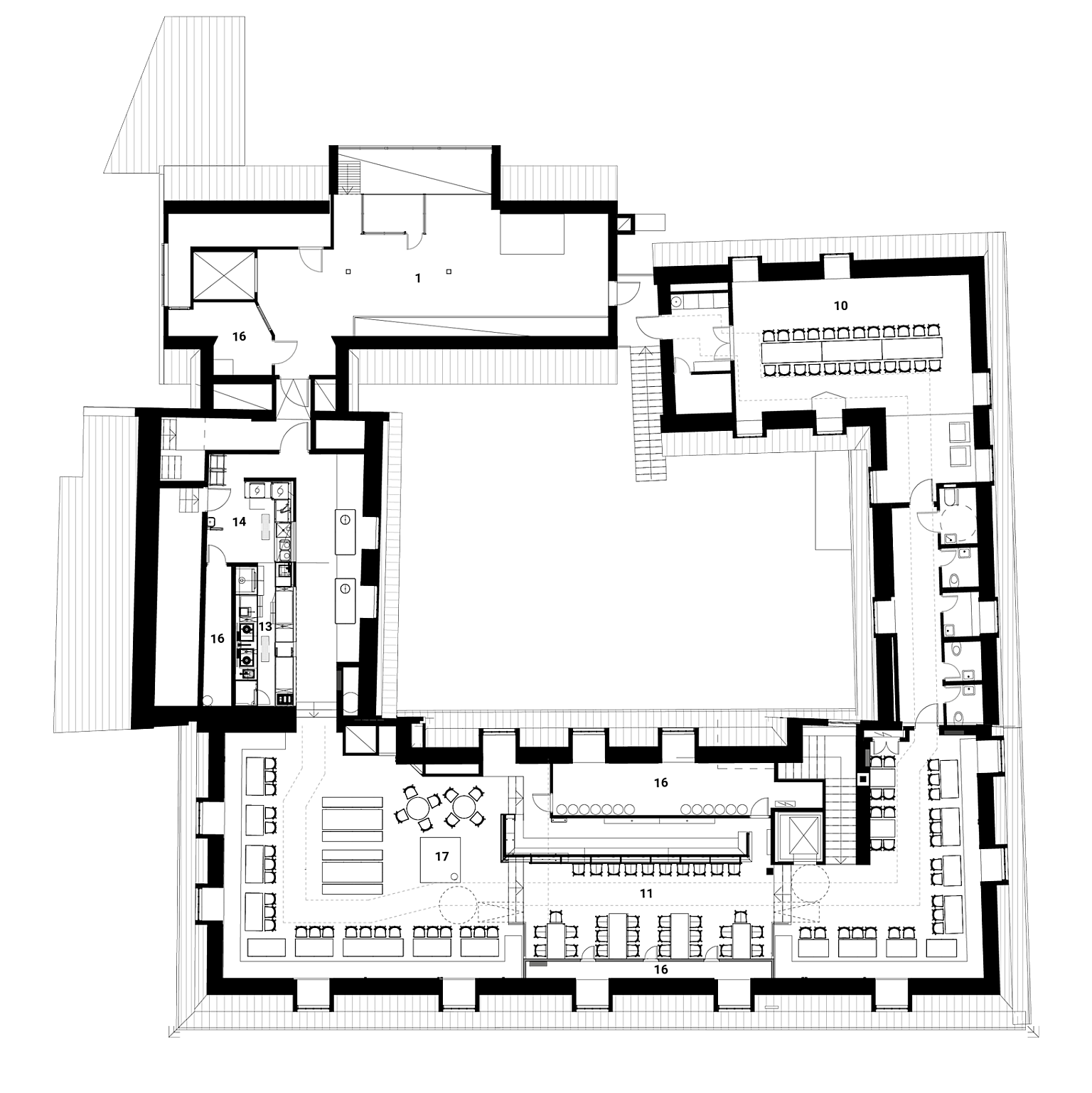 Møbleringsplan 2. etg. 1.Bryggeri 2.Vinbar 3.Vinsmakerom 4.Bakgård 5.Chef´s Cambre 6.Bondestua 7.Storstua 8.Lillestua 9.Kinarommet 10.Chambre separee 11.Bar 12.Vinrom 13.Kjøkken 14.Oppvask 15.Kontor 16.Lager 17.Peis.