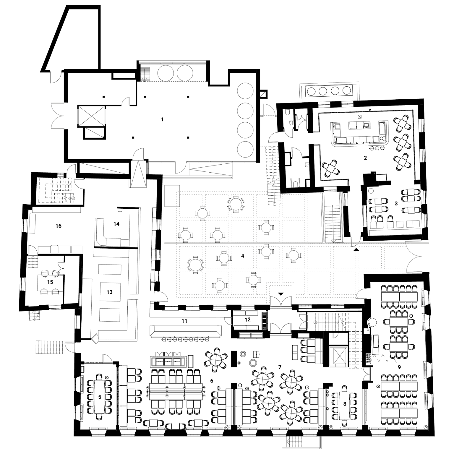 Møbleringsplan 1. etg. 1.Bryggeri 2.Vinbar 3.Vinsmakerom 4.Bakgård 5.Chef´s Cambre 6.Bondestua 7.Storstua 8.Lillestua 9.Kinarommet 10.Chambre separee 11.Bar 12.Vinrom 13.Kjøkken 14.Oppvask 15.Kontor 16.Lager 17.Peis.