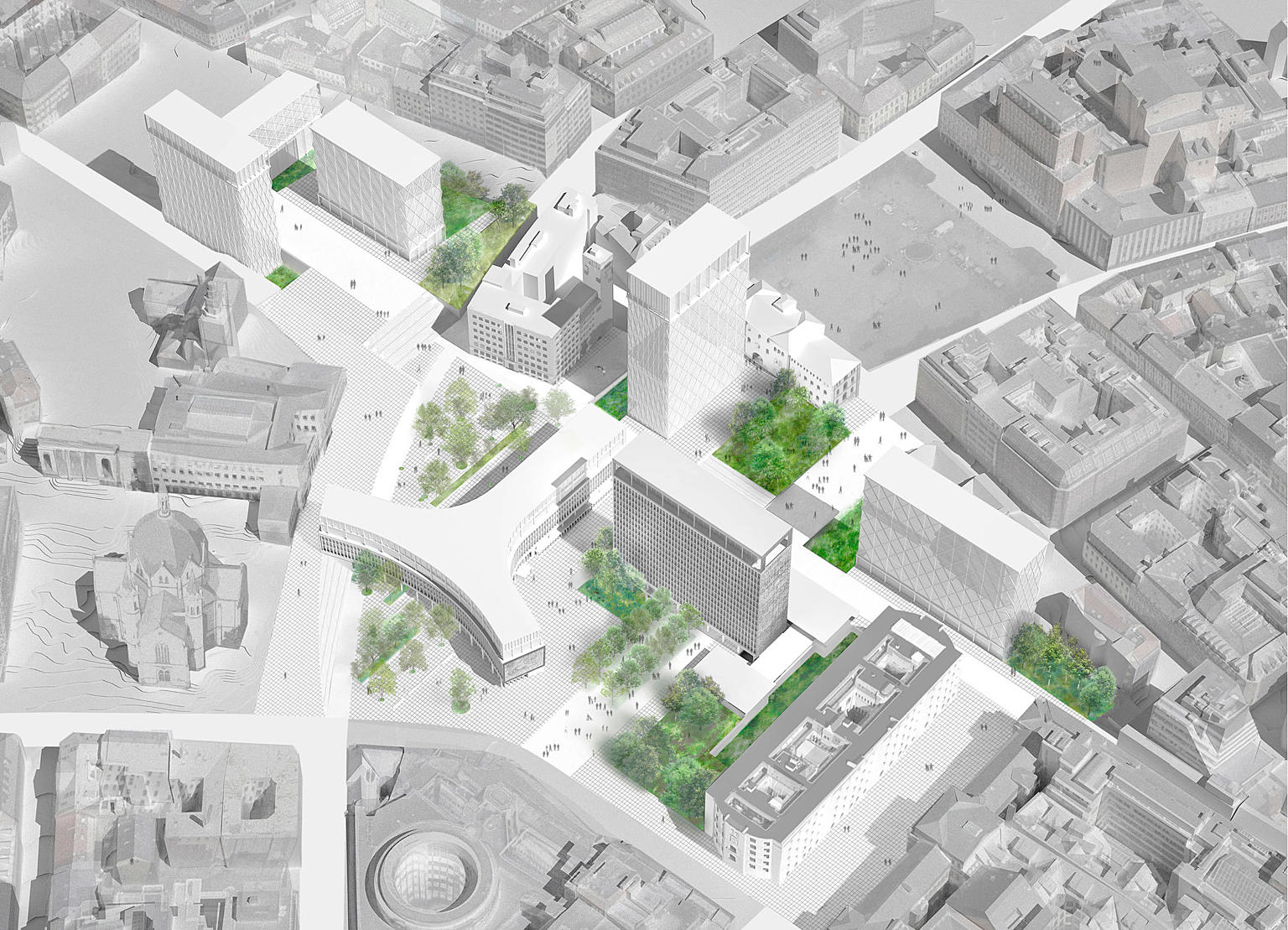 Regjeringskvartalet. I Statsbyggs parallelloppdrag for nytt regjeringskvartal leverte AHO, i samarbeid med Columbia University, forslaget “åpent kvartal”, som innebar et nedskalert regjeringskvartal, åpne og tilgjengelige byrom og bevaring av kulturminner, deriblant Y-blokka. Prosjektet representerer skolens engasjement for samfunnsspørsmål i en tid der byens verdifulle arv er truet.