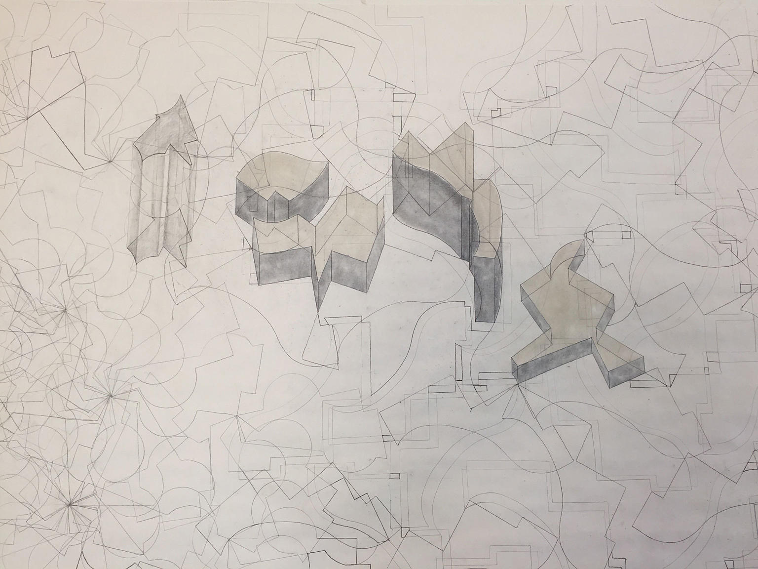 Detalj fra en storskala håndtegning fra tredjeårskurset Visual Structure VI – The Big Number. Her bidrar hver student med egne repetitive elementer på et delt ark, i en forhandling om hvordan man kan lage en felles tegning som tar for seg skala, kaos, orden, konsekvenser av valg og endring gjennom egendefinerte regler. Lærere: kunstner Eva Kun, ark. hjelpelærer Miriam Sharp Pierson.