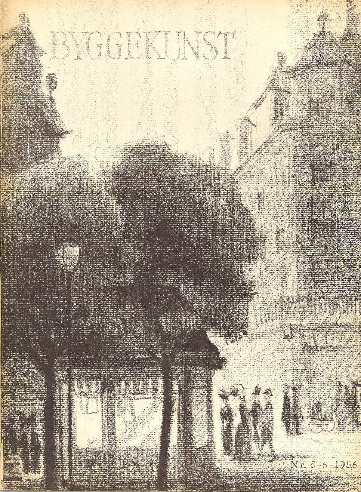 Byggekunst nr. 05 1956. "De gode, gamle dager". Granhjørnet med arkitekt Erik Glosimodts Narvesenkiosk fra 1914. Omslaget er tegnet for "Byggekunst" av arkitekt Kjell Borgen
