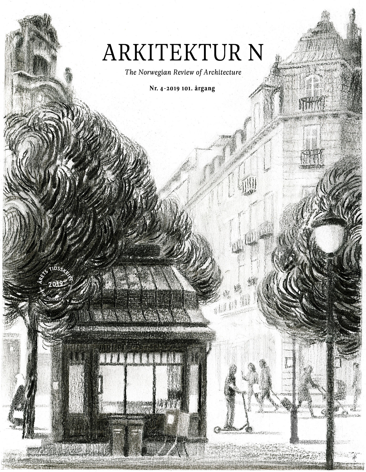 Byggekunst 100 år! Forsiden av Arkitektur N nr. 04 2019 er en lett oppgradering av omslaget av Byggekunst nr. 05 1956 kalt «De gode, gamle dager». Grandhjørnet var den gang tegnet av arkitekt Kjell Borgen med Narvesenkiosken i Karl Johan fra 1914 som sentralt motiv. Og det er derfor en morsom tidsdybde her: Bygninger, trær, ja selv kiosken er nesten lik fra 1914 via 1956 til 2019. Mens menneskene lever ganske andre liv i den samme strukturen. Eller gjør vi? Foto: Bjørn Brochmann