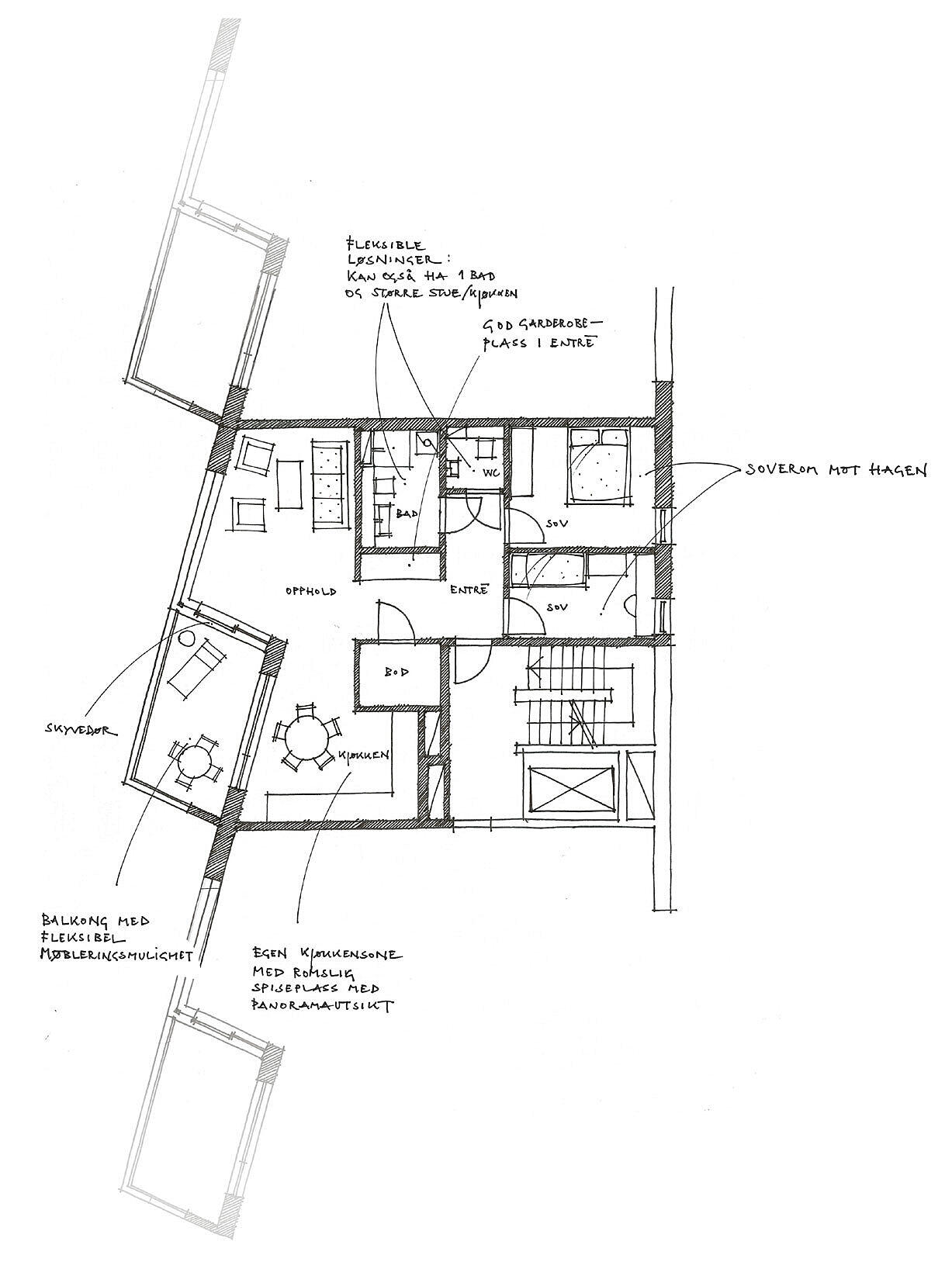 Planskisse av gjennomgående leilighet med oppholdsrom mot sjøfront og soverom mot hageside.