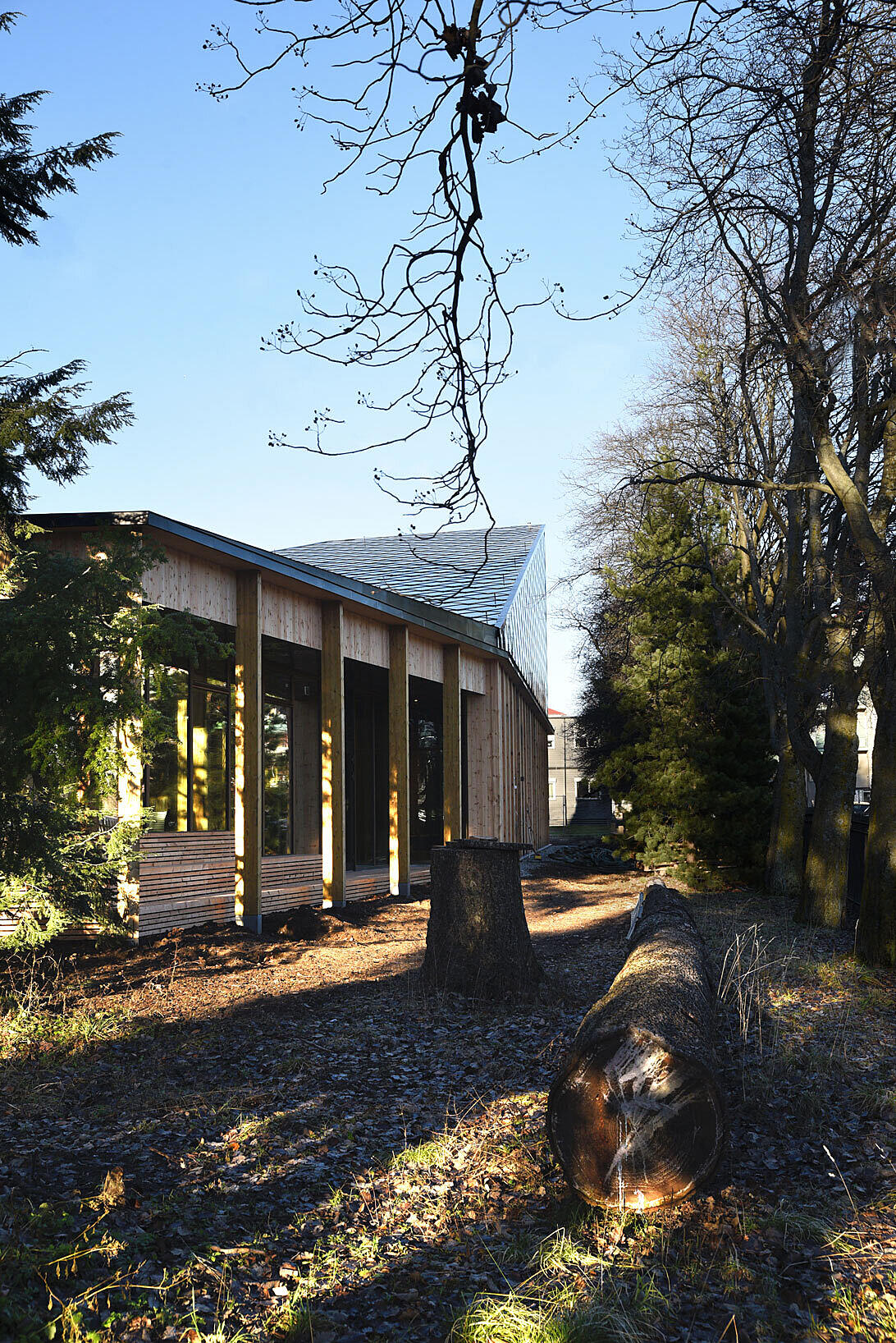 Klimahuset er plassert langs den vernede trerekken mot Monrads gate. Ved skogholtet i sør holdes bygget lavt, mens taket løftes mot nord for å utnytte solcellene mest mulig.