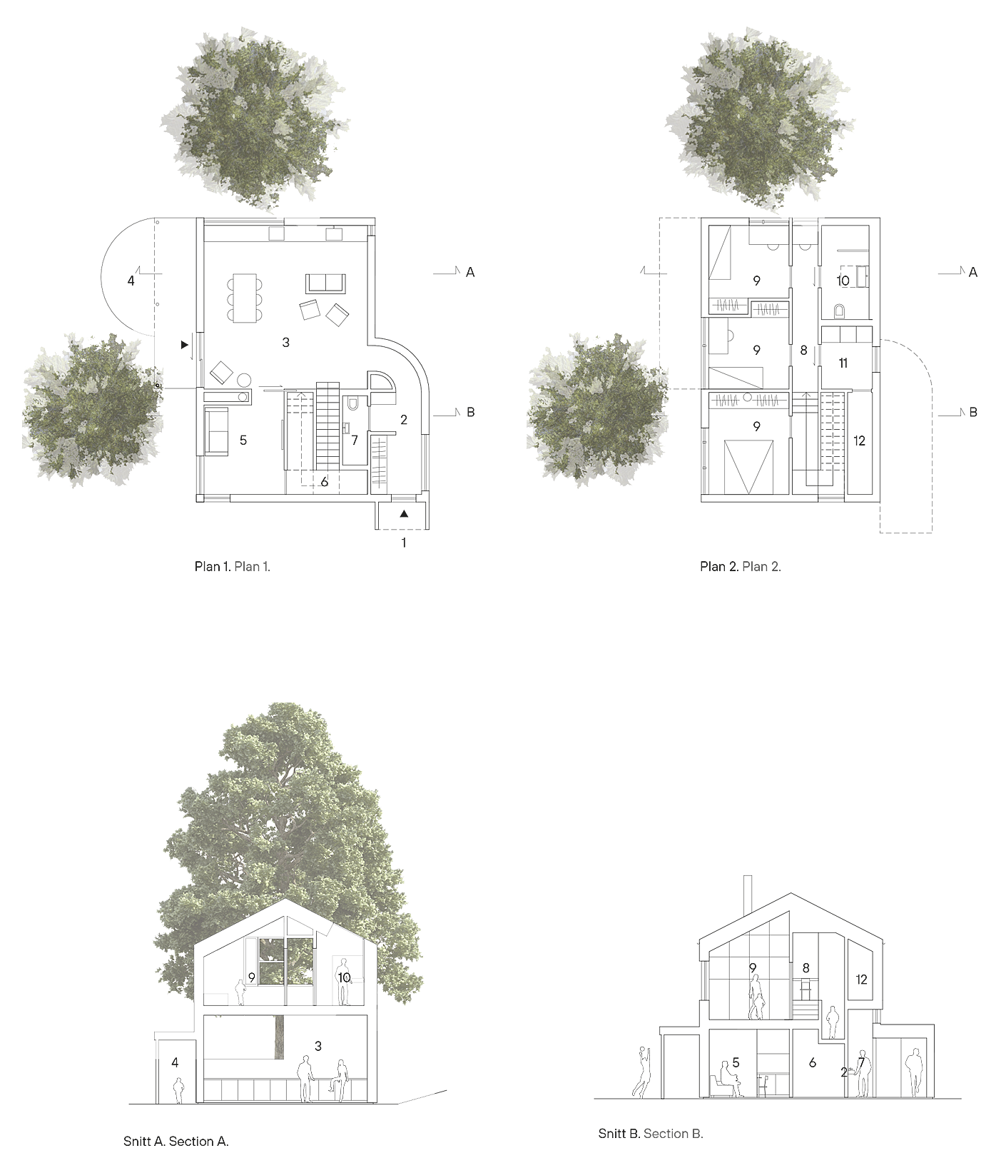 Planer og snitt 1. inngang, 2. entré, 3. kjøkken / stue, 4. terasse, 5. stue / gjesterom, 6. bod under trapp, 7. WC, 8. gang, 9. soverom, 10. bad, 11. vaskerom, 12. teknisk rom.